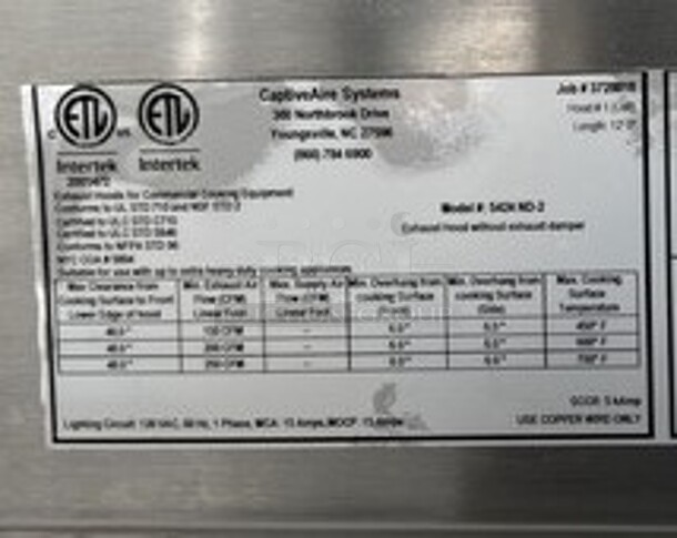 12' CaptiveAire Model 5424 ND-2 Stainless Steel Commercial Grease Hood w/ Make Up Air Vent. 144x70x24 - Image 5 of 5