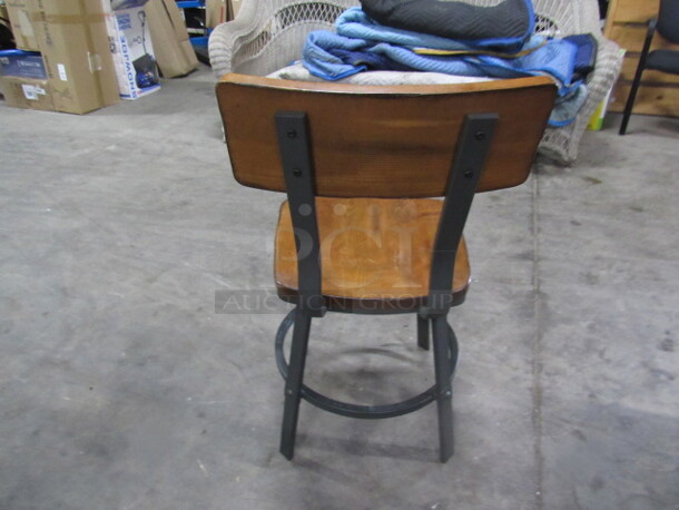 One Industrial Look Metal Framed Chair With Wooden Seat And Back With Metal Footrest.  - Image 4 of 4
