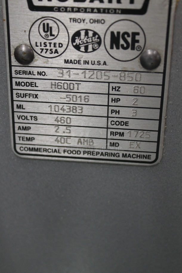 Hobart H600T Metal Commercial Floor Style 60 Quart Planetary Dough Mixer w/ Stainless Steel Mixing Bowl, Dough Hook, Paddle and Whisk Attachments. 460 Volts, 3 Phase. - Image 8 of 8