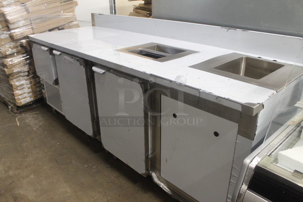 BRAND NEW SCRATCH AND DENT! CustomCool LBC8SC Stainless Steel Commercial Work Top 3 Door Cooler w/ Sink Bay. 115 Volts, 1 Phase. Bay 11x15x11. Tested and Working! - Image 2 of 10