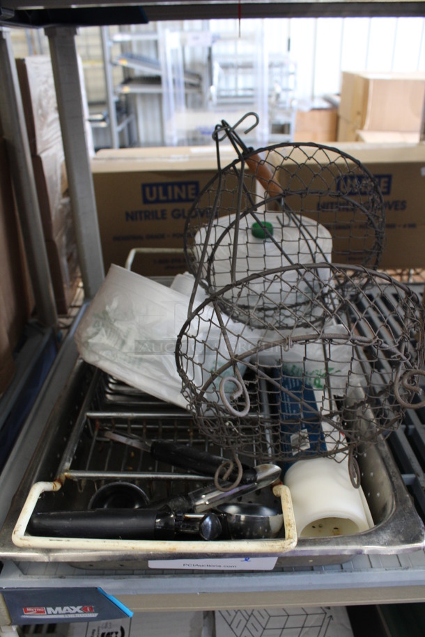 ALL ONE MONEY! Lot of Various Items Including Metal 2 Tier Basket Rack, Scooper, Peelers and 2 Rolls of Produce Bags in Stainless Steel Full Size Bin! - Image 1 of 4