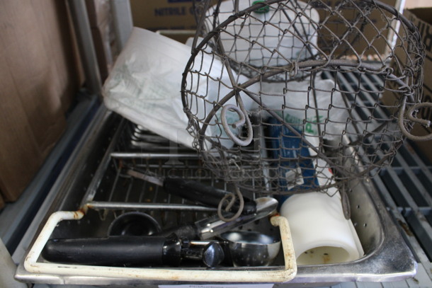 ALL ONE MONEY! Lot of Various Items Including Metal 2 Tier Basket Rack, Scooper, Peelers and 2 Rolls of Produce Bags in Stainless Steel Full Size Bin! - Image 2 of 4