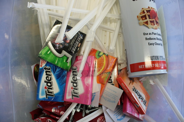 ALL ONE MONEY! Lot of Various Items Including Straws, Gum and Cooking Spray in Clear Bin! - Image 3 of 4