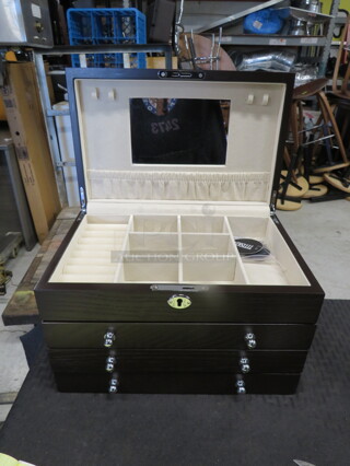 One NEW 3 Drawer Wooden Jewelry Box.