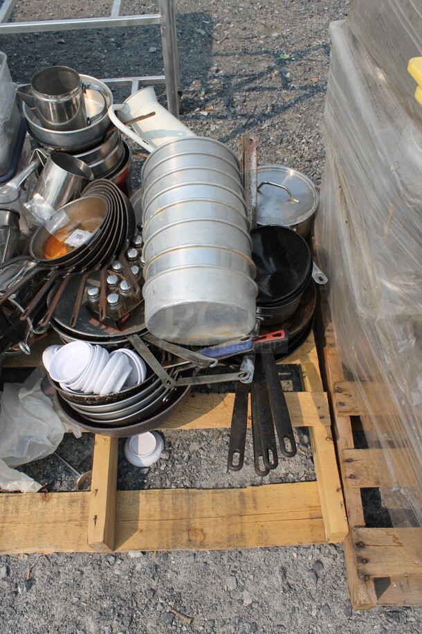 ALL ONE MONEY! Lot of Frying Pans, Drop-In Bins, Cake Pans, Salt And Pepper Shakers, Small White Bowls, Whisks, Tongs, AND MORE!  - Image 3 of 6