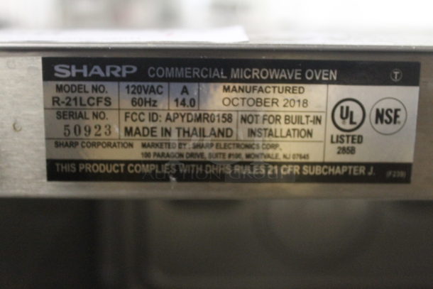 Sharp R-21LCFS Stainless Steel Commercial Countertop Microwave Oven. 120 Volts, 1 Phase. - Image 7 of 7