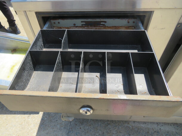 One Stainless Steel Workstation/Kiosk With Handsink, Faucet And Hot Water Heater, 2 Doors With Under Storage, 1 Door Cooler, Cash Drawer, and Flip Up SS Shelf, On Casters. 85X33X61 - Image 4 of 4