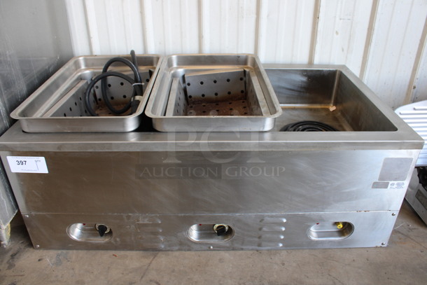 Stainless Steel Commercial Electric Powered Steam Table w/ 2 Drop Ins. 240 Volts, 1 Phase. 43.5x24.5x18