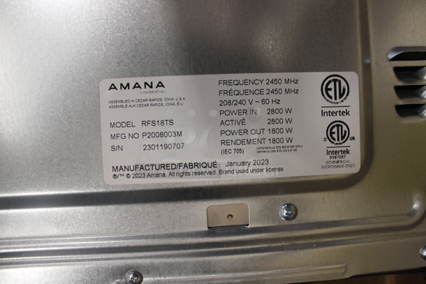 2023 Amana RFS18TS Stainless Steel Commercial Countertop Microwave Oven. 208/240 Volts, 1 Phase.  - Image 5 of 5