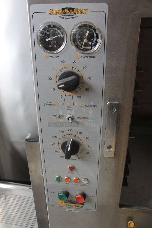 Accutemp S62083D12030250 Commercial Stainless Steel Electric Pan Cabinet Steamer With Pan Racks On Utility Cart With Undershelf and Commercial Casters. 208V, 3 Phase.  - Image 5 of 6