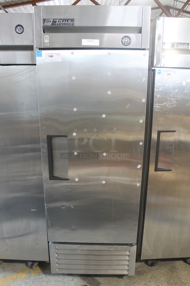 2013 True T-23F Commercial Stainless Steel Single Door Reach-In Freezer With Polycoaterd Shelves On Commercial Casters. 115V, 1 Phase. Tested and Working!