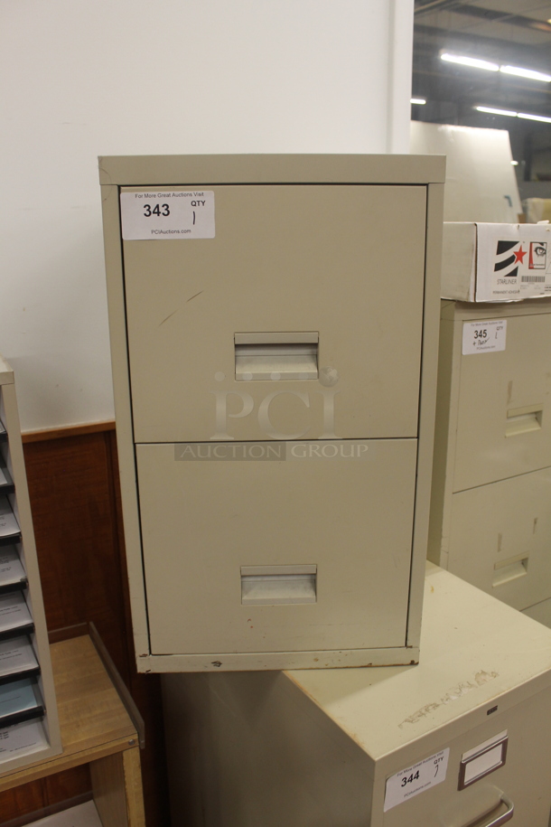 Tan Metal 2 Drawer Filing Cabinet. BUYER MUST REMOVE. - Image 1 of 4