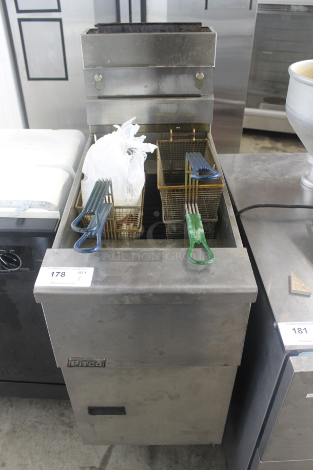 Pitco Frialator SS14-S Stainless Steel Commercial Floor Style Natural Gas Powered Deep Fat Fryer w/ 4 Metal Fry Baskets. 110,000 BTU.  - Image 1 of 8