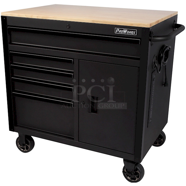 ProWorks 5-Drawer 1-Door Mobile Tool Chest Workbench with Solid Wood Top  On Heavy Duty Casters. (Model W36MWC5XD) Supports Up To 1200 Pounds. Features Include: Integrated Power Strip with 6 outlets and 2 USB ports 36-Inch Wide x 24.5-Inch x37.2-Inch High