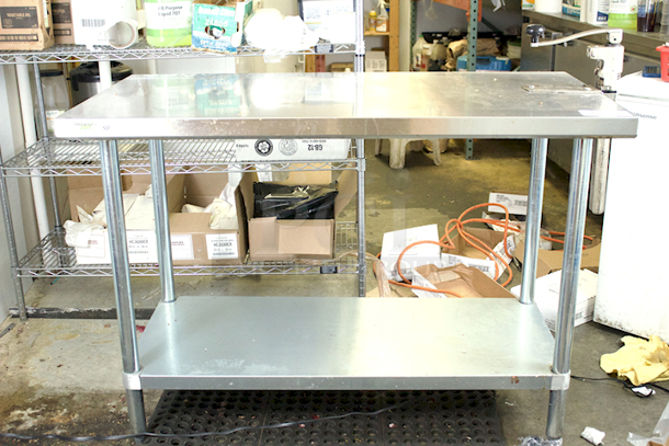 Regency 600T2448G 24" x 48" 18-Gauge 304 Stainless Steel Commercial Work Table with Galvanized Legs and Undershelf + Add-On Can Opener.  - Image 5 of 11