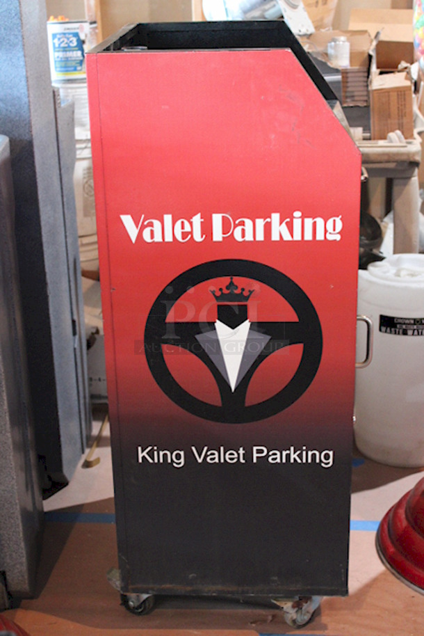 HIGH QUALITY, Safe & Secure!  The Valet Spot: Standard Valet Podium, Steel Framed On Heavy Duty Locking Commercial Casters With (1) Locking Key Holder Area & (1) Locking Tip Collection Area. 24.25”W x 19”D x 48.25”H. Lightly Used.  - Image 4 of 4