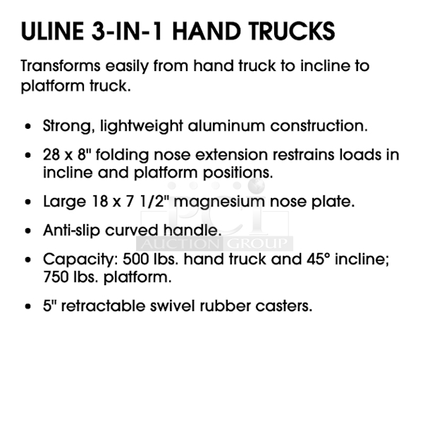 AWESOME! ULINE H-4124 3-In-1 Hand Truck w/ 28"x8" Folding Nose Extension, Capacity: 500 lbs. hand truck and 45º incline; 750 lbs. platform. - Image 4 of 7