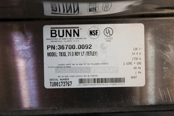 NICE! Bunn 36700.0013 TB3Q 29" Trunk 3 Gal. Iced Tea Brewer With Iced Tea Dispenser. 14.4 Amps/ 60 Hertz/ 1ph/120v/1,730 Watts 11 1/2"W x 22 3/8"D x 34"H - Image 4 of 6