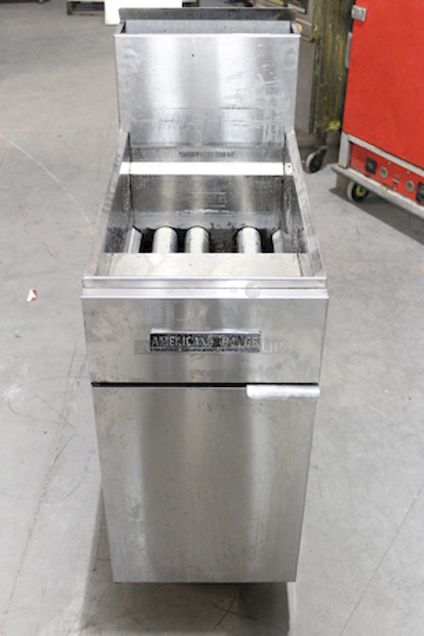 LIKE NEW! American Range AF-45 - Clearance - 45lb Natural Gas Commercial Deep Fryer, Heavy Duty NSF, 120,000 BTU. Highest BTU Rating For Superior Recovery. (3) 40,000 BTU Burners.

45-3/4