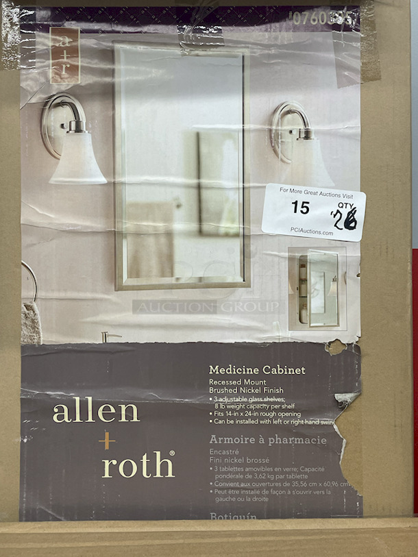 Bed / Bath Storage & Organization  – (2) Hives & Honey – Katie – Jewelry Stands; (4) Mainstays 24-Pocket Over The Door Shoe Organizers; (1) White Over The Door Rack; (1) Allen + Roth 3 Shelf Recessed Mount Brushed Nickel Finish Medicine Cabinet Fits 14”x24” Rough Opening; (7) Hives And Honey Wall Monet Jewelry Organizers; (11) 4 10-1/2” x 10-1/2” Sheets of Peel & Stick Tiles.  - Image 11 of 12