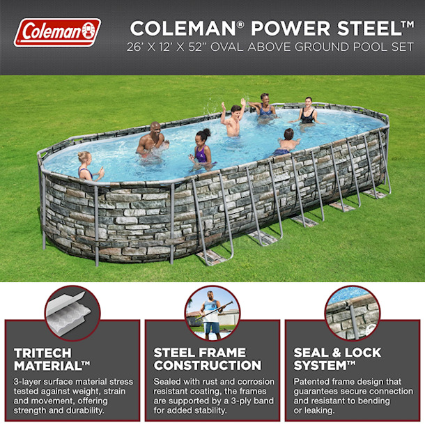 PERFECT FOR SUMMER PARTIES!! Coleman Power Steel 26’ x 12’ x 52” Oval Above Ground Pool Set. Contains: 1 pool, 1 SmartTouch filter pump (2,000 gal. flow rate) can be controlled through the Bestway Smart Hub™ App (compatible with Type IV cartridge), 1 safety ladder, 1 pool cover