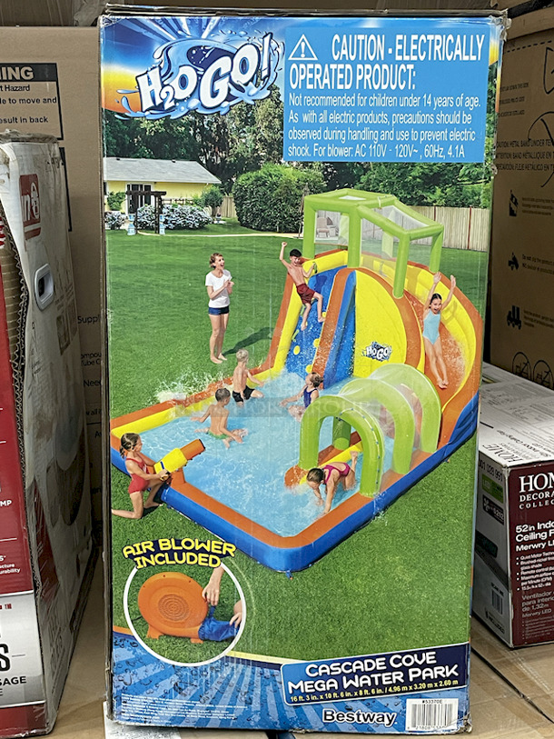 SUPER COOL! H2O GO Cascade Cove Mega Water Park, Air Blower Included. 
Overall Dimensions: 16 ft. 3 In. x 10 ft. 6 in. x 8 ft. 6 in. 
 - Image 2 of 2