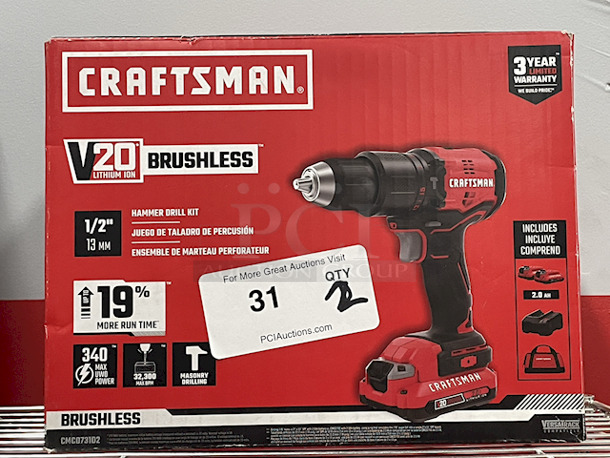 DRILL BABY DRILL!! (2) Craftsman CMC0731D2 V20 Lithium Ion Brushless ½” Hammer Drill Kits. Kits Includes: (1) Hammer Drill (2) 2.0 ah Batteries, Battery Charger and Carry Case. 2x Your Bid.