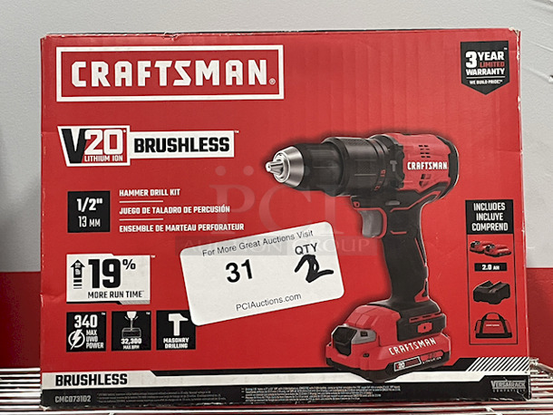 DRILL BABY DRILL!! (2) Craftsman CMC0731D2 V20 Lithium Ion Brushless ½” Hammer Drill Kits. Kits Includes: (1) Hammer Drill (2) 2.0 ah Batteries, Battery Charger and Carry Case. 2x Your Bid. - Image 1 of 1
