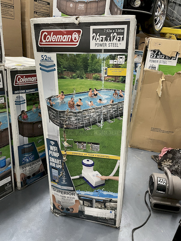 Coleman Power Steel 26’ x 12’ x 52” Oval Above Ground Pool Set. Contains: 1 pool, 1 SmartTouch filter pump (2,000 gal. flow rate) can be controlled through the Bestway Smart Hub™ App (compatible with Type IV cartridge), 1 safety ladder, 1 pool cover