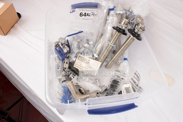 NEW-NEVER USED Box Of Kegerator & Brewery Hardware: (6) Foxx Equipment Co 12BO3116 ABECO 5/8" BSP Beer Thread” ¼” x 8-1/2” Chrome Plated Brass Shanks, (4) Hex “Beer” Nuts - 29/32"-14 Beer Thread, (4) Taps, (10) Tap Brushes, (3) Krome Dispense C184 Standard Faucet Plastic Knob W/ Brass Insert, GreenLeaf CBSHM5160BG1 5/16” Nylon  Hose Barb x 5/16 Hose Barb - Image 1 of 10