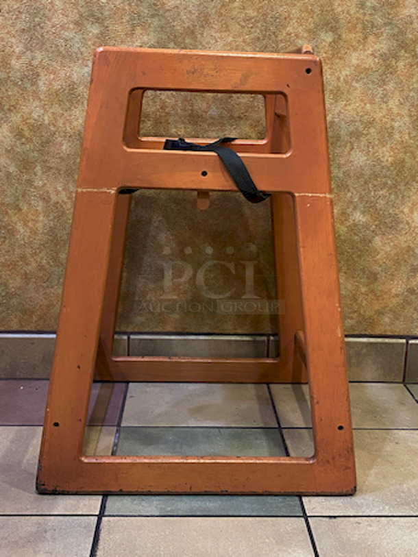 BEAUTIFUL! Tomlinson The Marston C-30 High Chair.
 Depth: 19" (483 mm), Height: 29" (737 mm), Width: 18" (457 mm) Height to seat: 21" (533 mm), Height to arm: 26-3/4" (679 mm)
Solid 3/4" oak high chairs with mortise and tenon frame construction and large contoured seat. Instant-release safety straps with crotch strap. Radius edges keep food from collecting. High chairs easily stack and store. - Image 4 of 4