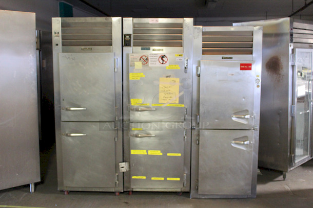 STOCK UP! TRIPLE THREAT! (2) Traulsen Split Door Refrigerators (1) Duel Temp Refrigerator or Freezer, All Working When Tested. Standard Shelving and Sheet Pan Shelving Models: SG10000 and (2) R-H-T-132-NUT-162.