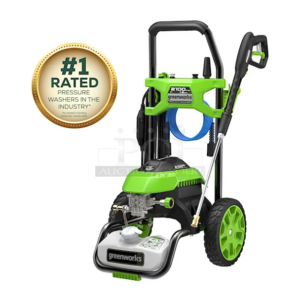 NEW IN THE BOX!! Greenworks 2000PSI Electric Pressure Washer. For Use With Wood, Masonry and Automotive. Includes: Pressure washer, Handle assembly, Soap tank, Trigger handle, Wand assembly, 25' High pressure hose, Hook & loop hose wrap, 25°
Tip, 40° Tip, Soap tip, Turbo nozzle, Tip cleaner, Operator's manual and Quick start guide - Image 12 of 12