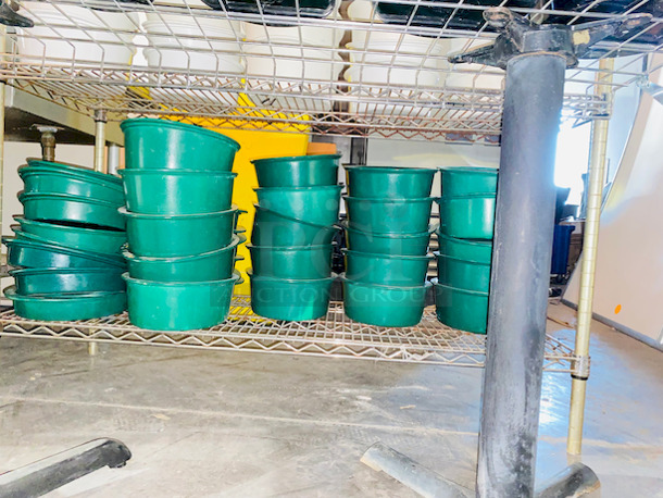 DO NOT PASS THIS UP!! Shelf Full of (20) Bon Chef Bon Chef 5103Bon Chef 5103HGRN 2.75 Qt. Hunter Green Sandstone Finish Cast Aluminum Oval Food Pans and (12) 1-1/2Qt Hunter Green Sandstone Finish Cast Aluminum Oval Food Pans

Overall Dimensions:
Length: 12 3/8"
Width: 9 1/8"
Capacity: 2.75 qt.  - Image 2 of 4