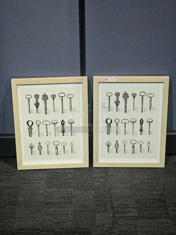 ALL ONE MONEY Skeleton Key framed art set. In great condition- these pieces would accent any space! 17.5” H x 13.5” W. - Image 2 of 2