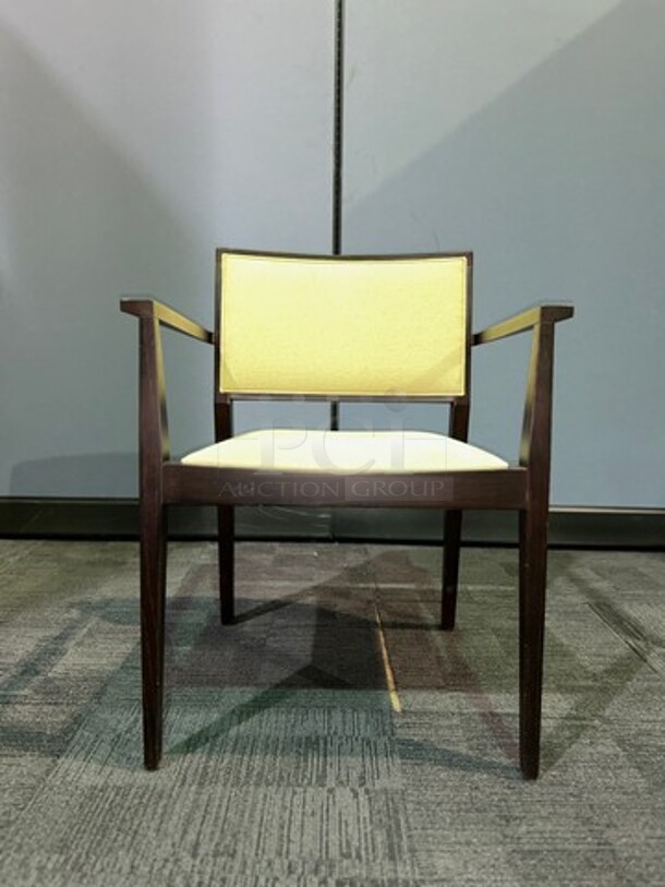 Guest chairs with armrests. Dark wooden framed and upholstered in a light cream fabric. Perfect for any waiting area, office or home. Minor scuffs and scratches (First picture shows sticker that can be removed). 31.5” H x 23” W x 18” D. BIDX3 - Image 2 of 2