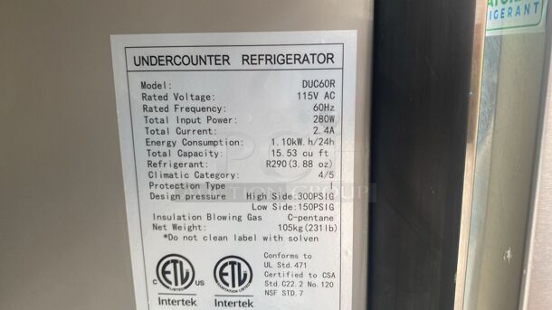 Dukers Undercounter Refrigerator in Stainless Steel DUC60R - Image 6 of 6