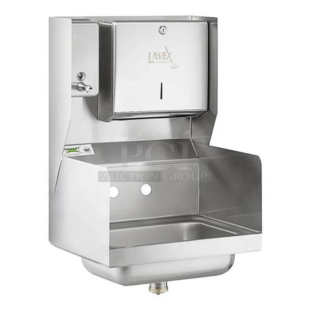 BRAND NEW SCRATCH & DENT! Regency 17" x 15" Wall Mounted Hand Sink with Side Splashes, Top Mounted Paper Towel, and Soap Dispenser - Image 1 of 5