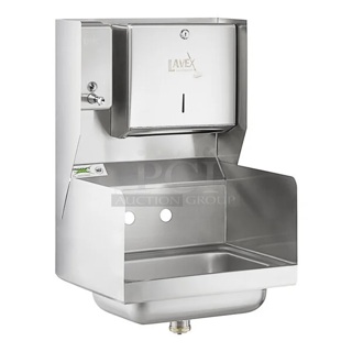 BRAND NEW SCRATCH & DENT! Regency 17" x 15" Wall Mounted Hand Sink with Side Splashes, Top Mounted Paper Towel, and Soap Dispenser