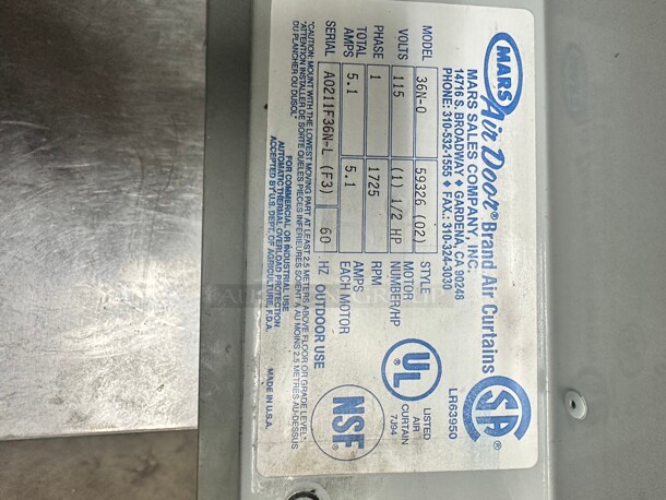 Mars Air 36N  36" Unheated Air Curtain 115 Volt Tested and Working - Image 4 of 9