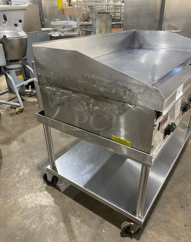 NICE! Lang Commercial Countertop Natural Gas Powered Flat Top Griddle! With Back And Side Splashes! On Equipment Stand! With Storage Space Underneath! All Stainless Steel! On Casters! Working When Removed! - Image 2 of 9