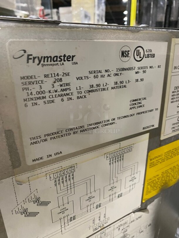 Frymaster Commercial Electric Powered Split Bay Deep Fat Fryer! With Metal Frying Baskets! All Stainless Steel! On Casters! Model: RE1142SE SN: 1508NA0057! 208V 60HZ 3 Phase!  - Image 9 of 11