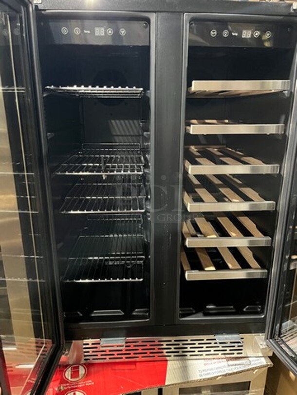 NEW! OUT OF THE BOX! SCRATCH-N-DENT! Whynter French Door Dual Zone Wine And Beer Can Cooler! With Through Doors! Wooden Wine Racks And Metal Racks! Model: BWB2060FDS - Image 3 of 5