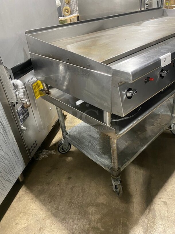 WOW! Garland Heavy Duty Commercial Countertop Gas Powered Flat Griddle! 1 Inch Thick Plate!  With Back And Side Splashes! On Equipment Stand! With Storage Space Underneath! All Stainless Steel! On Casters! Working When Removed! - Image 2 of 8