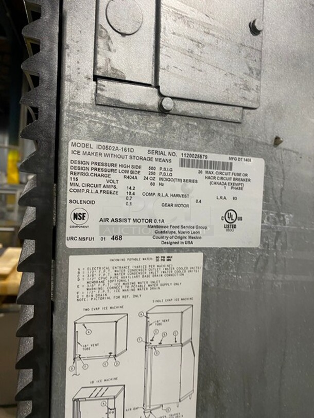 Manitowoc Commercial Ice Making Machine! With Commercial Ice Bin Underneath! All Stainless Steel! Model ID0502A161D Serial 1120025579! 115V 1Phase! On Legs! - Image 7 of 10