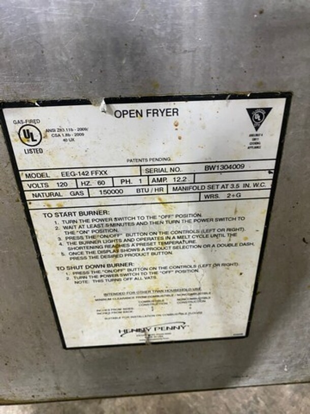 Henny Penny Commercial Natural Gas Powered 2 Bay Fryer! All Stainless Steel On Casters! Model: EEG142FFXX SN: BW1304009 - Image 10 of 12