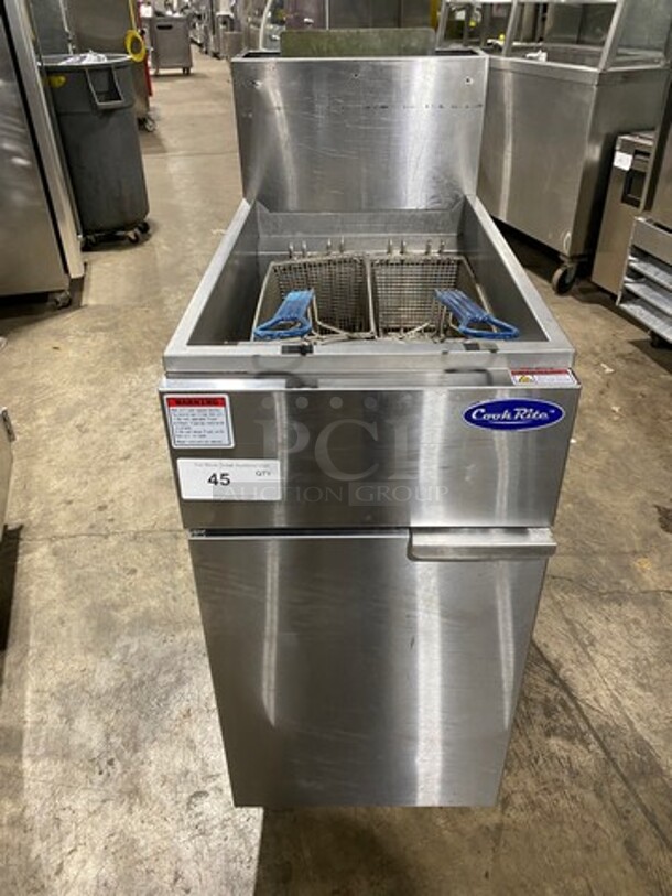 Cook Rite Commercial Natural Gas Powered Deep Fat Fryer! With Backsplash! With 2 Metal Frying Baskets! All Stainless Steel! On Legs! Model: ATFS40