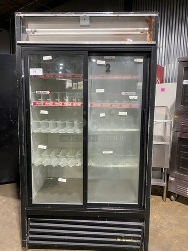 True Commercial 2 Door Reach In Refrigerator Merchandiser! With View Through Sliding Doors! With Poly Drink Racks! Model: GDM37 SN: 2782180 115V 60HZ 1 Phase! Working When Removed!