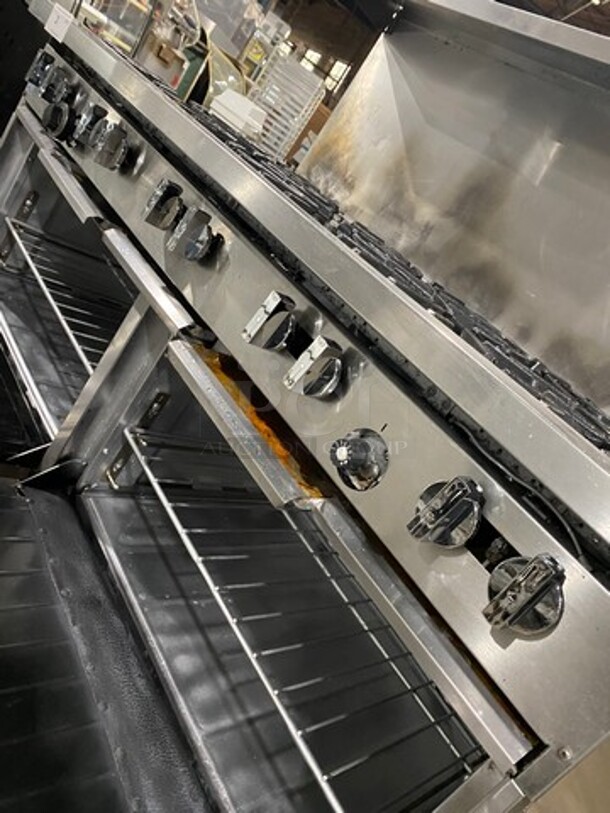 GREAT! Sunfire Commercial Natural Gas Powered 10 Burner Stove! With Raised Back Splash And Salamander Shelf! With 2 Full Size Oven Underneath! All Stainless Steel! On Casters! - Image 9 of 10