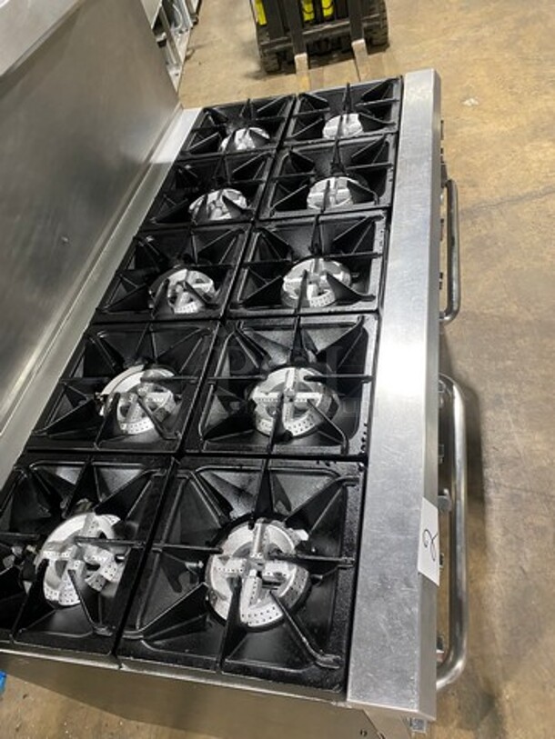 NICE! USR Cookline Commercial Natural Gas Powered 10 Burner Stove! With Raised Back Splash And Salamander Shelf! With 2 Full Size Oven Underneath! All Stainless Steel! On Legs! - Image 5 of 11